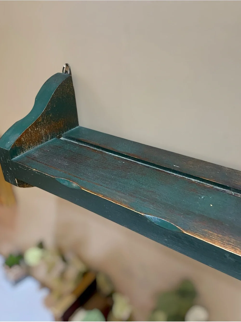 Vintage Wall Shelf w Plate Grove Green Distressed Wood Display Farmhouse Country
